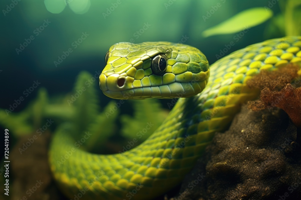Fototapeta premium Behold the enchanting sight of a stunning green snake up close in its tank, Trimeresurus macrops, beautiful green snake, AI Generated