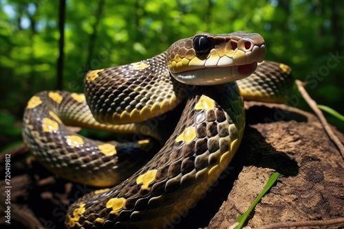 A snake with its mouth wide open sits on a log, showcasing its deadly fangs in a natural forest setting, The Texas rat snake Elaphe obsoleta lindheimeri is a subspecies of rat snake, AI Generated photo