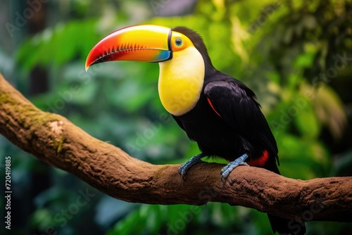 A vibrant toucan with a colorful beak rests on a branch in the lush forest, Tropical birds sitting on a tree branch in the rainforest, AI Generated