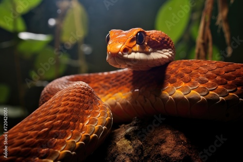 A detailed photograph showcasing a snake resting on a rock in its natural environment, Tropidolaemus subannulatus aka Viper Borneo Snake on Wildlife, AI Generated photo