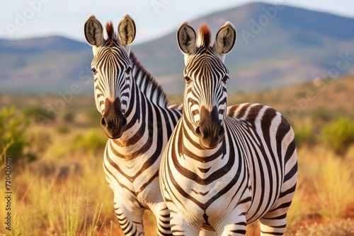 Two zebras stand side by side in a wide open field filled with lush green grass  Two plains zebras Equus burchelli in natural habitat  South Africa  AI Generated