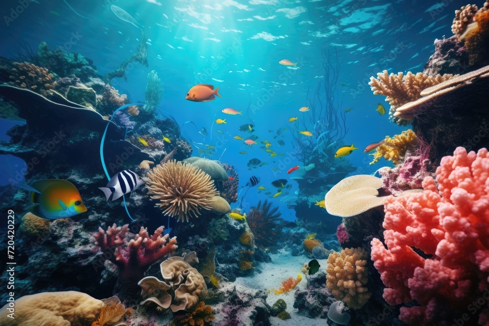 Naklejka premium A stunning and colorful array of fish swimming gracefully in a large and vibrant aquarium, Underwater view of tropical coral reef with fishes and corals, AI Generated