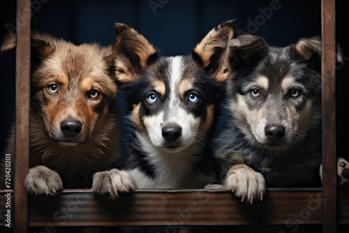 Three dogs with striking blue eyes gaze attentively out of a window  Unwanted and homeless dogs of different breeds in animal shelter  AI Generated