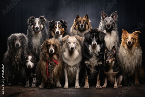 A group of dogs of different breeds and sizes standing together in a row  Unwanted and homeless dogs of different breeds in animal shelter  AI Generated