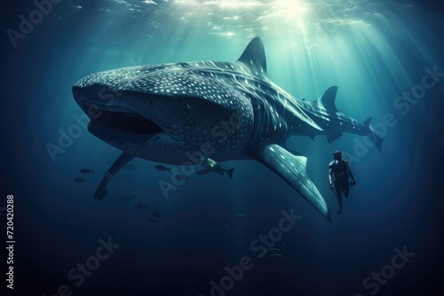 Witness the awe-inspiring sight of a massive whale gracefully gliding through the sea alongside a human, Whale shark and underwater photographer, AI Generated