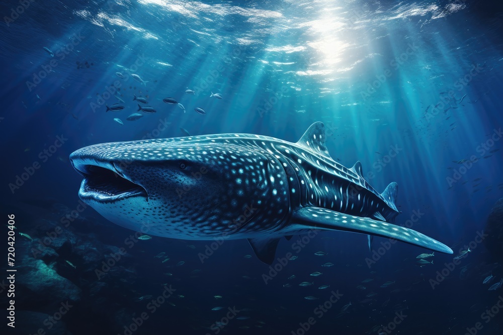 Fototapeta premium A majestic whale gracefully glides through the ocean surrounded by a multitude of fish, Whale shark is a big fish in the sea, AI Generated