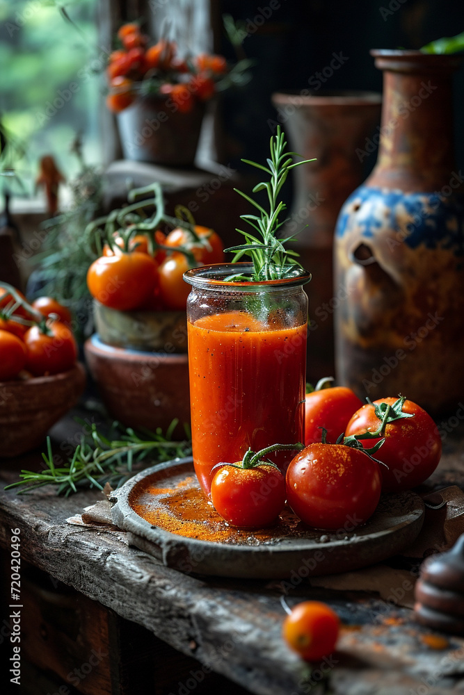 Tomato juice with herbs. AI generative. Tomato juice with herbs. AI generative.
