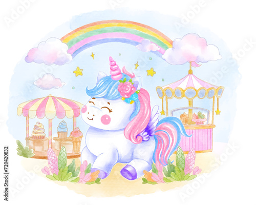  Illustration of a cute unicorn with a colorful mane under a rainbow, next to a carousel, in a dreamy pastel landscape. Perfect for children’s art and fantasy themes.
