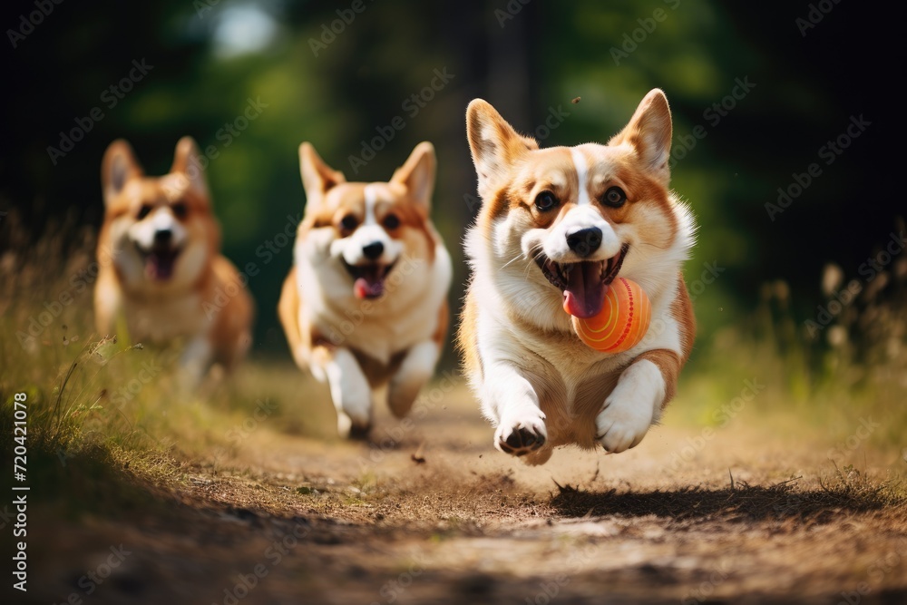 Two Welsh corgi dogs running with a ball in mouth, Energetic dogs running after a ball on a sunny day, AI generated Two Welsh corgi dogs running with a ball in mouth, Energetic dogs running after a ball on a sunny day, AI generated