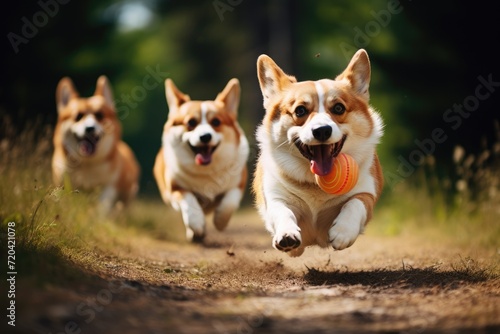 Two Welsh corgi dogs running with a ball in mouth, Energetic dogs running after a ball on a sunny day, AI generated