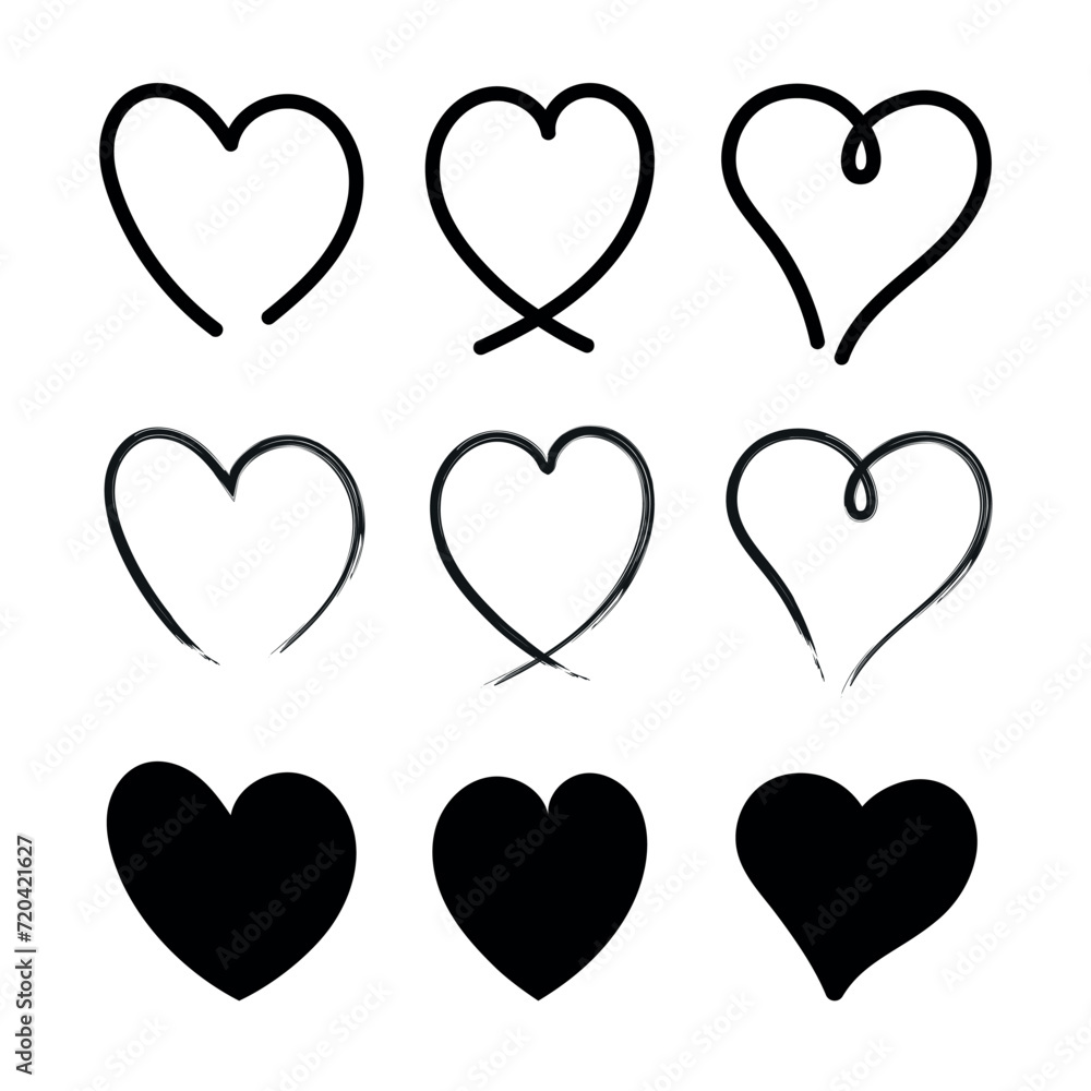 Hearts set hand drawn and glyph style