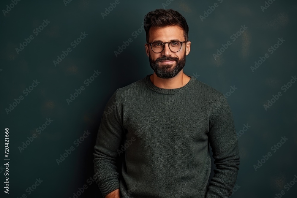 A man with a beard and glasses stands confidently in front of a vibrant green wall, Young handsome man with beard wearing casual sweater and glasses, AI Generated