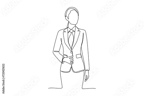 Neat woman wearing office suit. Professional work profession and uniform minimalist concept. Continuous line draw design graphic vector illustration