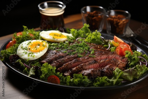 Yummy grilled beef steak, sliced and served with a green salad full of eggs! Delicious 