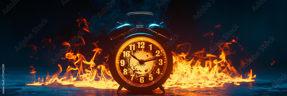 
Burning retro alarm clock isolated on background, neon glowing. as a metaphor for time that is running out - obrazy, fototapety, plakaty 