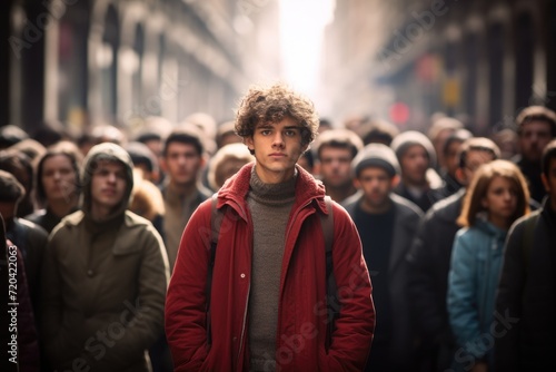 A man confidently stands before a massive crowd, captivating their attention as he delivers a speech, Young man on crowded street in movement standing out Concept of uniqueness, AI Generated