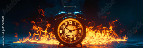 
Burning retro alarm clock isolated on background, neon glowing. as a metaphor for time that is running out photo