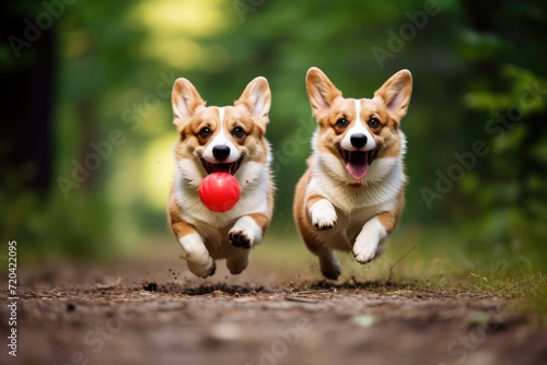 Two Welsh corgi dogs running with a ball in mouth, Energetic dogs running after a ball on a sunny day, AI generated