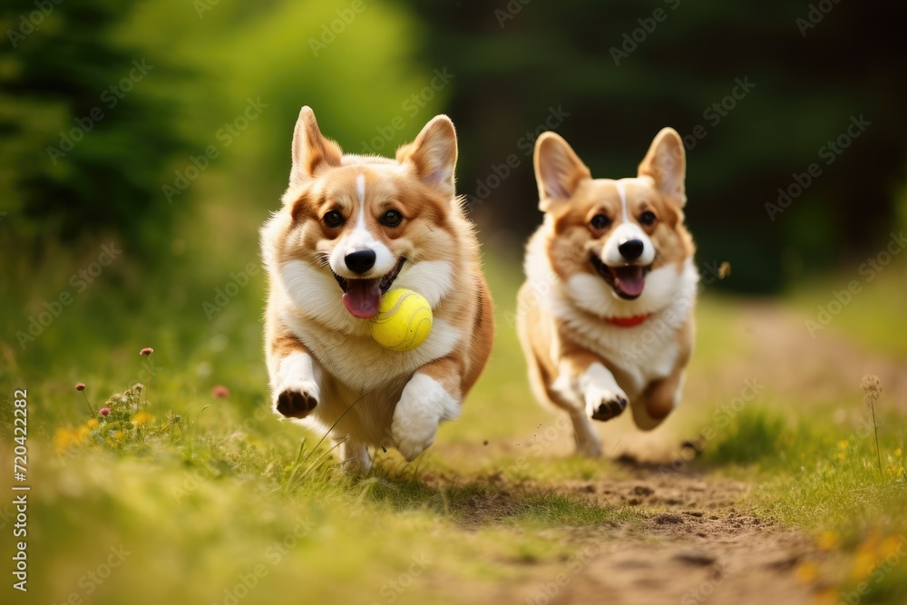Energetic dogs running after a ball on a sunny day, Two Welsh corgi dogs running with a ball, AI generated