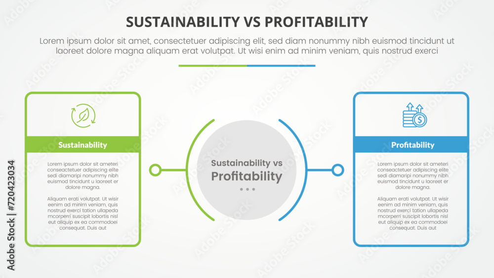 sustainability versus profitability comparison opposite infographic concept for slide presentation with big outline table box with circle center with flat style