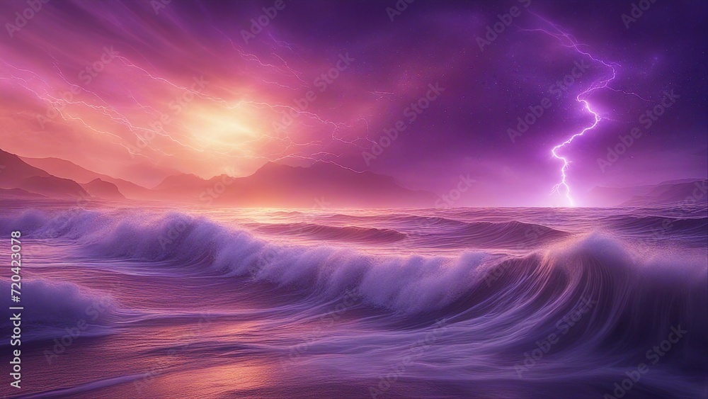 sunset over the sea  A wavy background in shades of purple, creating a sense of mystery and magic. The waves are sharp 