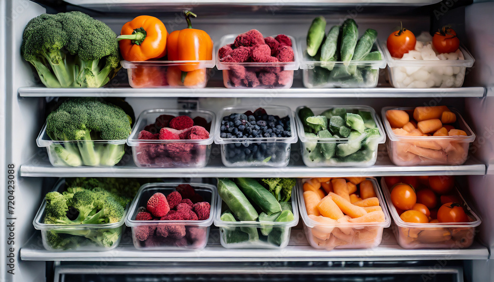 Frozen Berries and Nutrient-Rich Veggies Safely Stored in Reusable Containers on Home Refrigerator Shelves