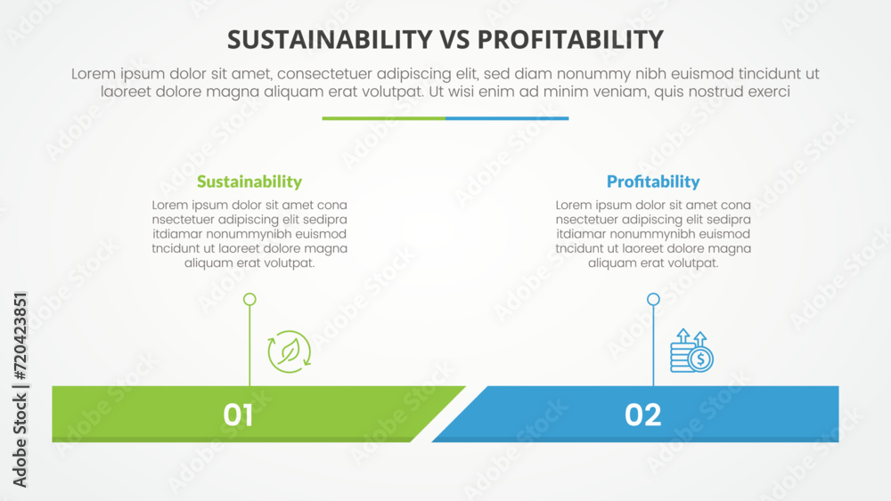 Obraz premium sustainability versus profitability comparison opposite infographic concept for slide presentation with percentage horizontal bar with flat style