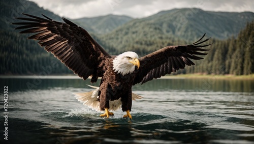 An image of an eagle on the water approaching its prey in a lake or in the sea