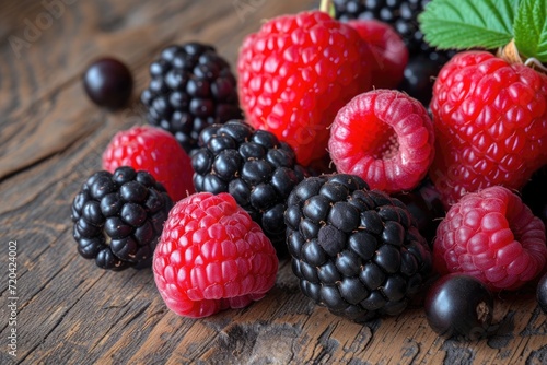 Several raspberries and blackberries. Generative Ai.