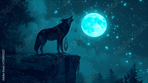 Wolf howling to the moon, illustrative colorfully poster, aurora on the sky, pack of wolves running in the woods,  wolf howling in front of full moon background, close up. Generative AI  © Saleem