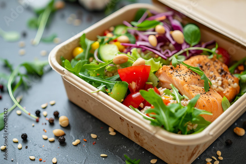 
food photography, delicious nutrition lunch in a to go box , selective focus