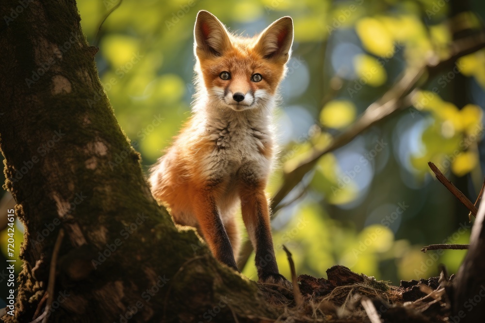 Obraz premium A small red fox standing proudly on a sturdy tree branch in the middle of a lush forest, young animal standing at base of tree, AI Generated
