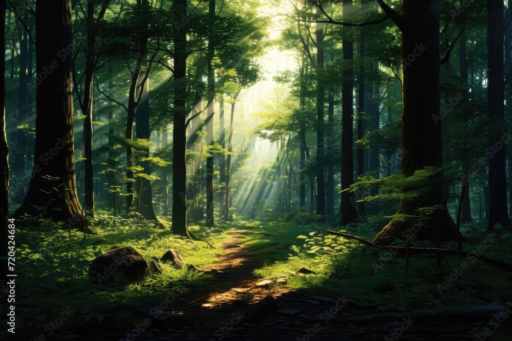 Naklejka premium A peaceful path winds through the dense forest, providing a serene escape into nature, Lush green forest at sunrise, hyper realistic, AI Generated