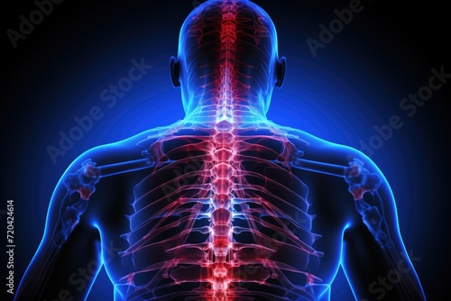 A detailed image capturing the back of a mans neck, illustrating the presence of neck pain, Lower and upper back pain highlighted in blue and red, AI Generated © Iftikhar alam