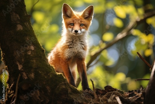 A small red fox standing proudly on a sturdy tree branch in the middle of a lush forest, young animal standing at base of tree, AI Generated