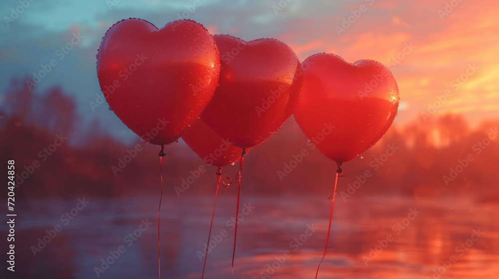 hyper realistic of heart balloons floating on a sunset background. vibrant color palette, focusing on shades of red and pink. Emphasize joyful and romantic atmosphere with balloons gently floating.