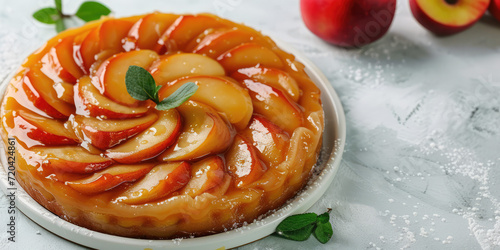 Caramelized Tarte Tatin with mint on Rustic Table background, copy space. Close-up of a caramelized peach or apple tarte tatin, perfect for a sweet summer treat. photo