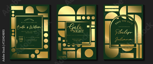Luxury invitation card background vector. Elegant classic antique design, gold geometric shape gradient on green background. Premium design illustration for gala card, grand opening, art deco.