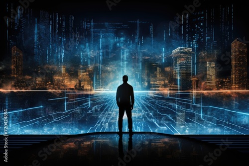 Back view of businessman looking at night cityscape and binary code concept, Silhouette of a person standing in front of a giant digital screen showing a hologram of data flows, AI Generated