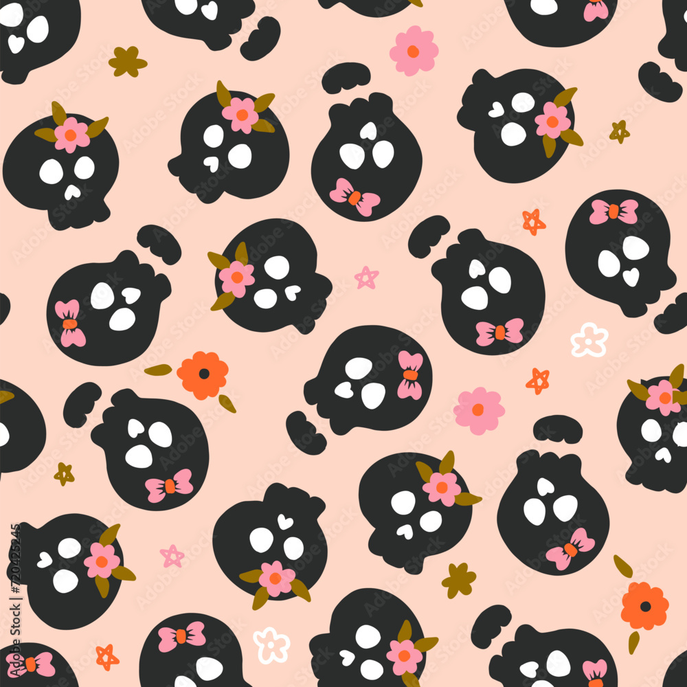 Fototapeta premium Black Skulls with Flowers Vector Seamless Pattern