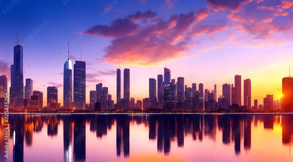 Fototapeta premium A scene of a city skyline during a vibrant sunset, with buildings illuminated.