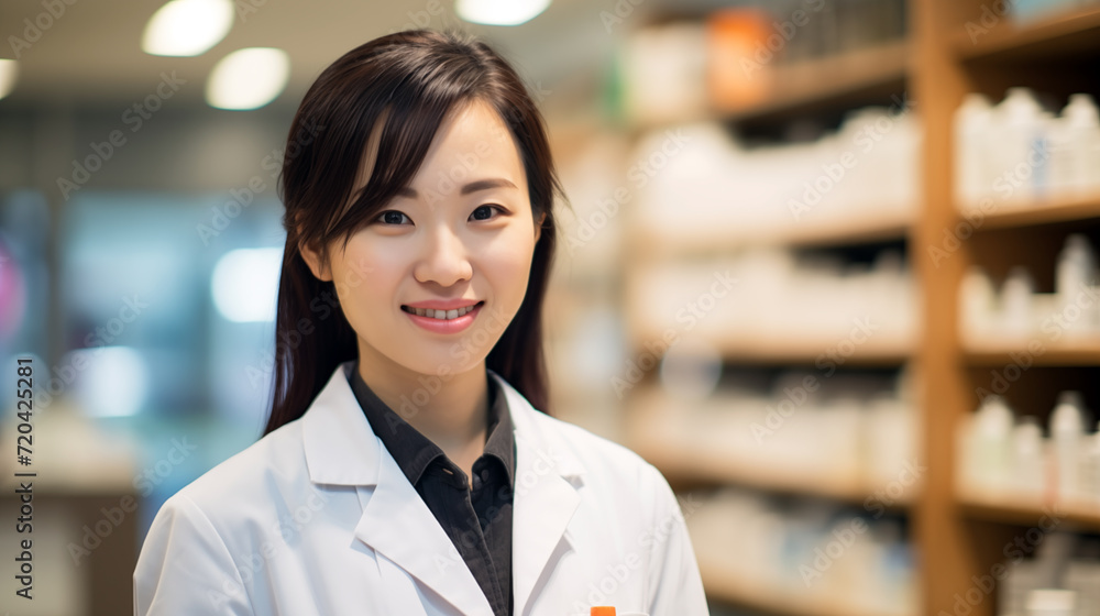 Pharmacist asian female with pharmacy shop background
