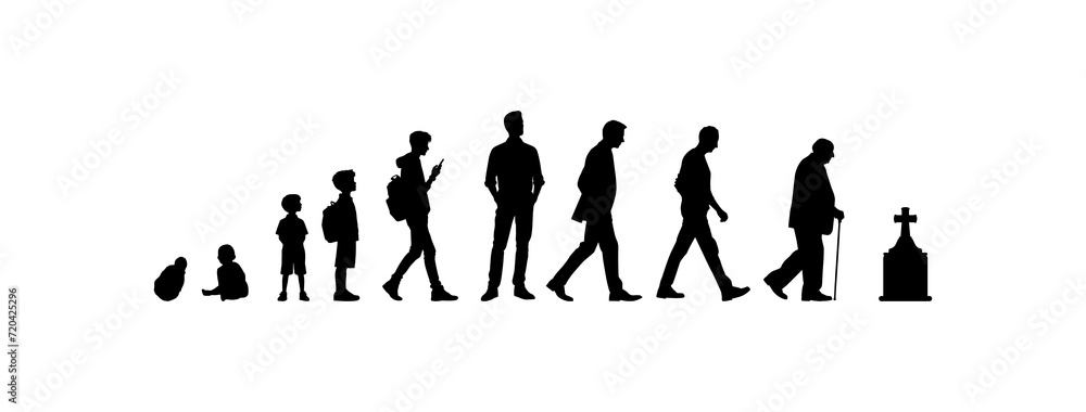 Vector illustration. Silhouette of growing up man from baby to old age. Many people of different ages in a row.	