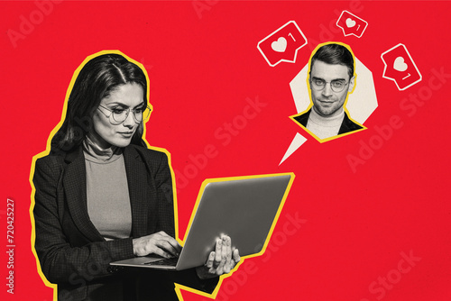 Photo collage young businesspeople man woman holding laptop social network media blogging heart icon followers increase popularity photo