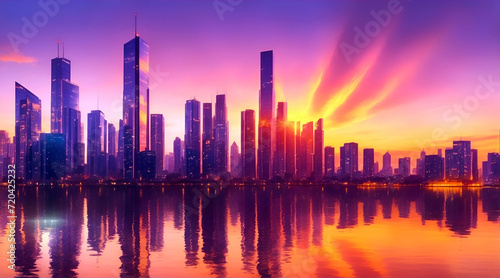 A scene of a city skyline during a vibrant sunset, with buildings illuminated.