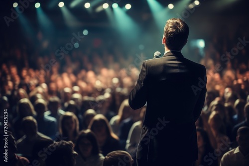 Man Stands in Front of Crowd as Speaker at Conference, Engaging Audience With Enthusiasm, Male Speaker Standing on Stage in front of audience on conference or business event, AI Generated photo