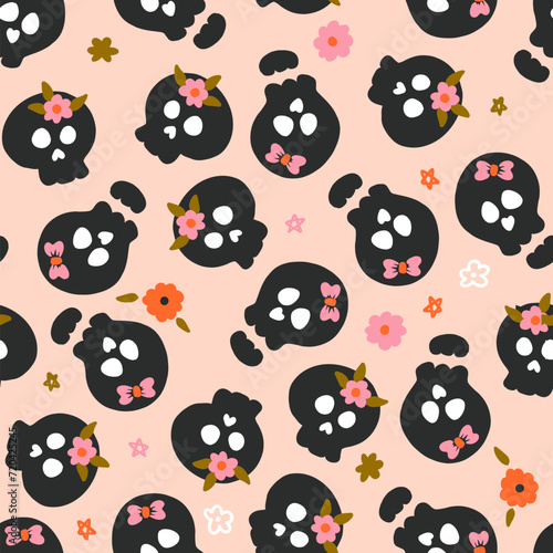 Black Skulls with Flowers Vector Seamless Pattern