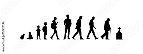 Vector illustration. Silhouette of growing up man from baby to old age. Many people of different ages in a row.	