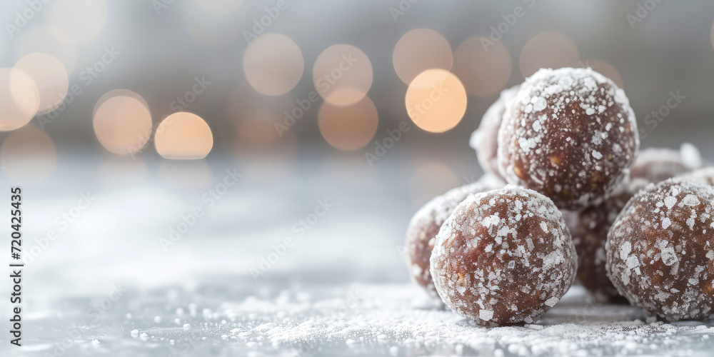 Dessert Bourbon Balls on Sparkling Background, copyspace. Delicious bourbon balls coated with confectioners' sugar. - obrazy, fototapety, plakaty 