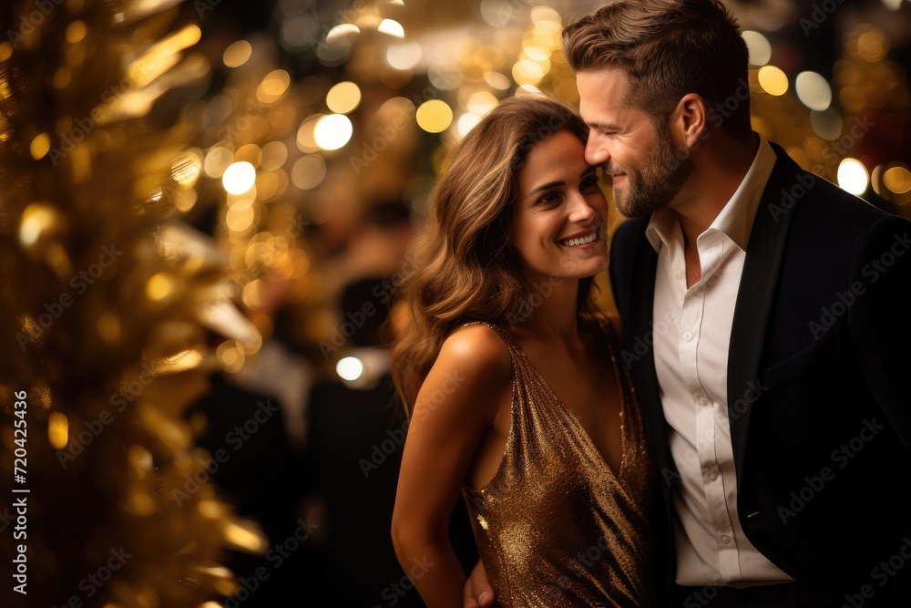 A man and woman stand side by side outdoors during the daytime, Man and woman at a Christmas party in gold color, Bokeh light, AI Generated